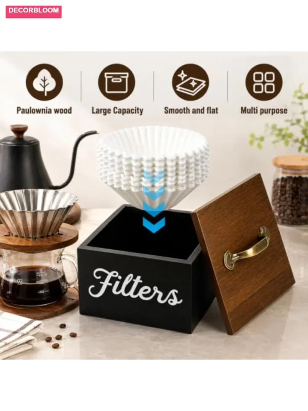 Wooden Coffee Filters Holder with Lid and Rustic Handle